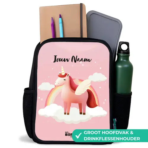 Eenhoorn - Vleugels - Roze - Regenboog Rugzak - Zwart middel -inhoud_NL
