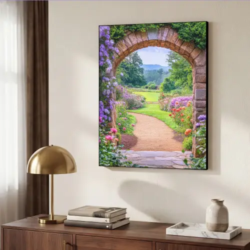 Doorkijk - Poort - Bloemen - Tuin Textielframe - compleet frame klein -sfeer3