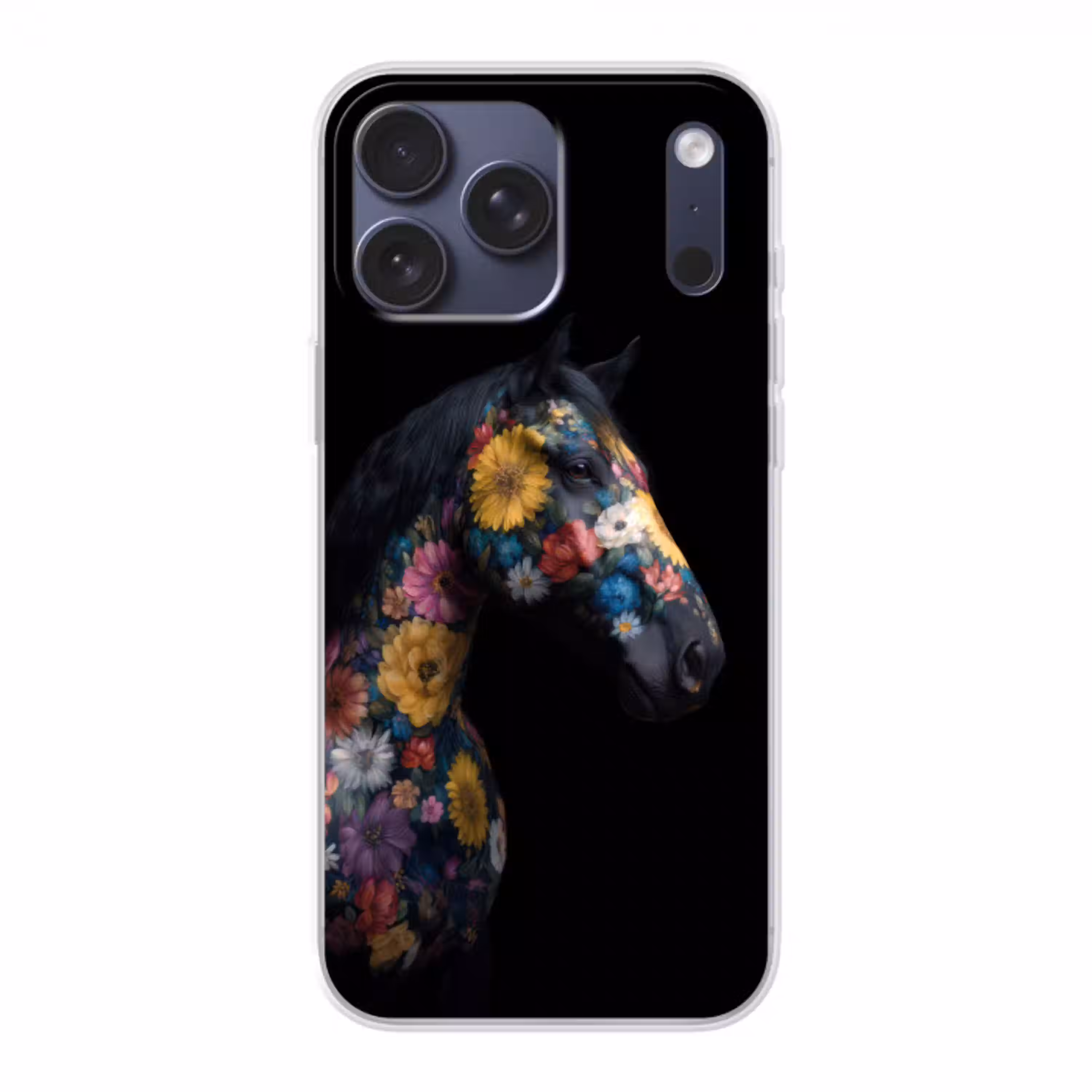Paard - Bloemen - Zwart Telefoonhoesje iPhone 17 Pro Max klein -3d