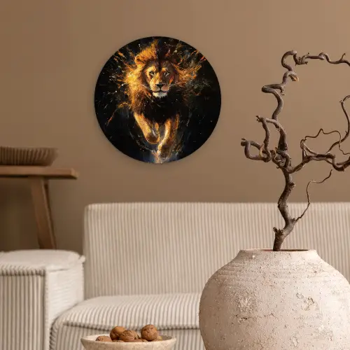 Leeuw - Zwart - Oranje - Verf Wandcirkel kunststof plaat 5mm dik klein -sfeer1
