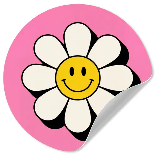 Smiley - Bloem - Roze Wandcirkel behangsticker klein -3d