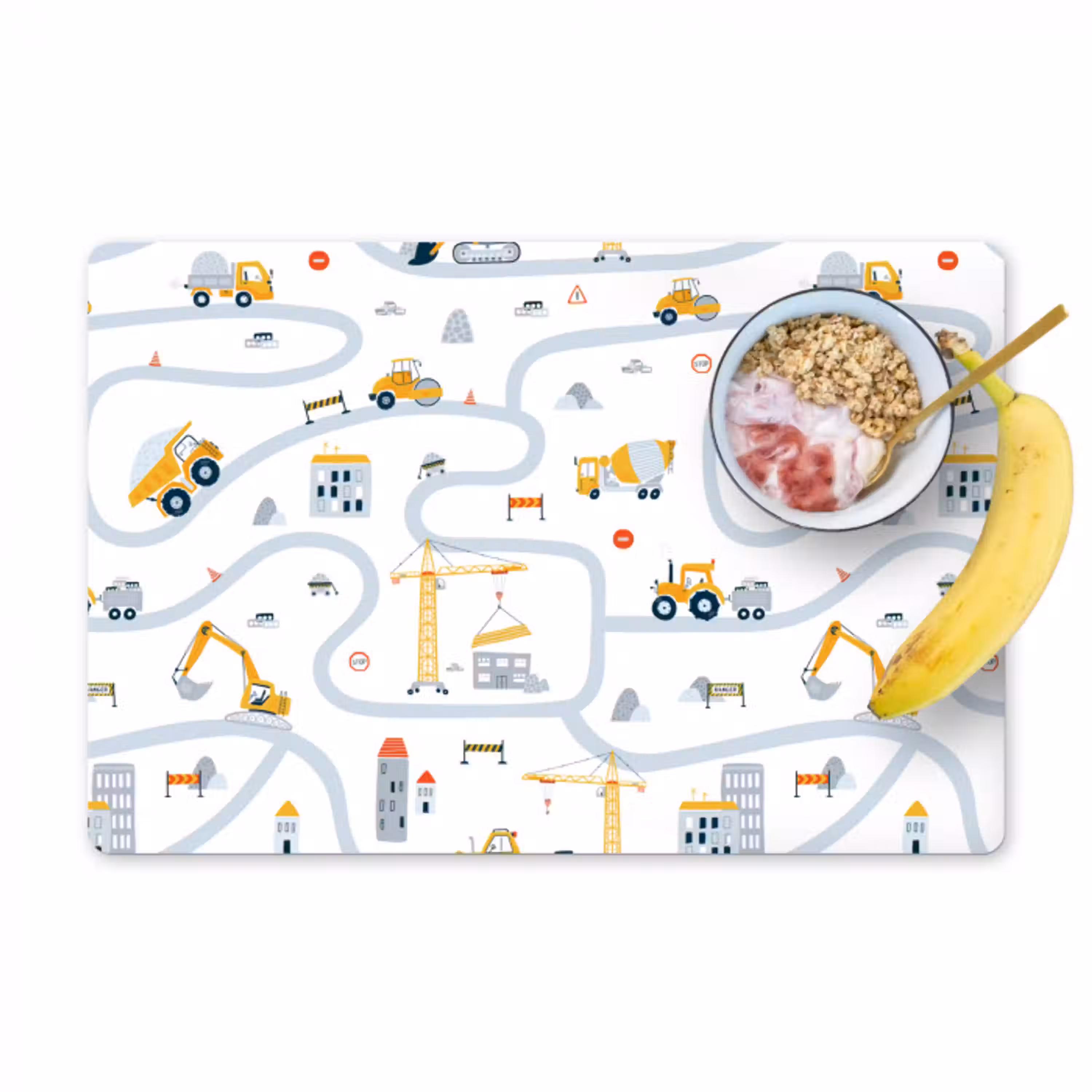 Kinderen - Bouwplaats - Hijskraan - Tractor - Patronen Placemat vinyl groot -zzzproduct_Kitchenyeah-website