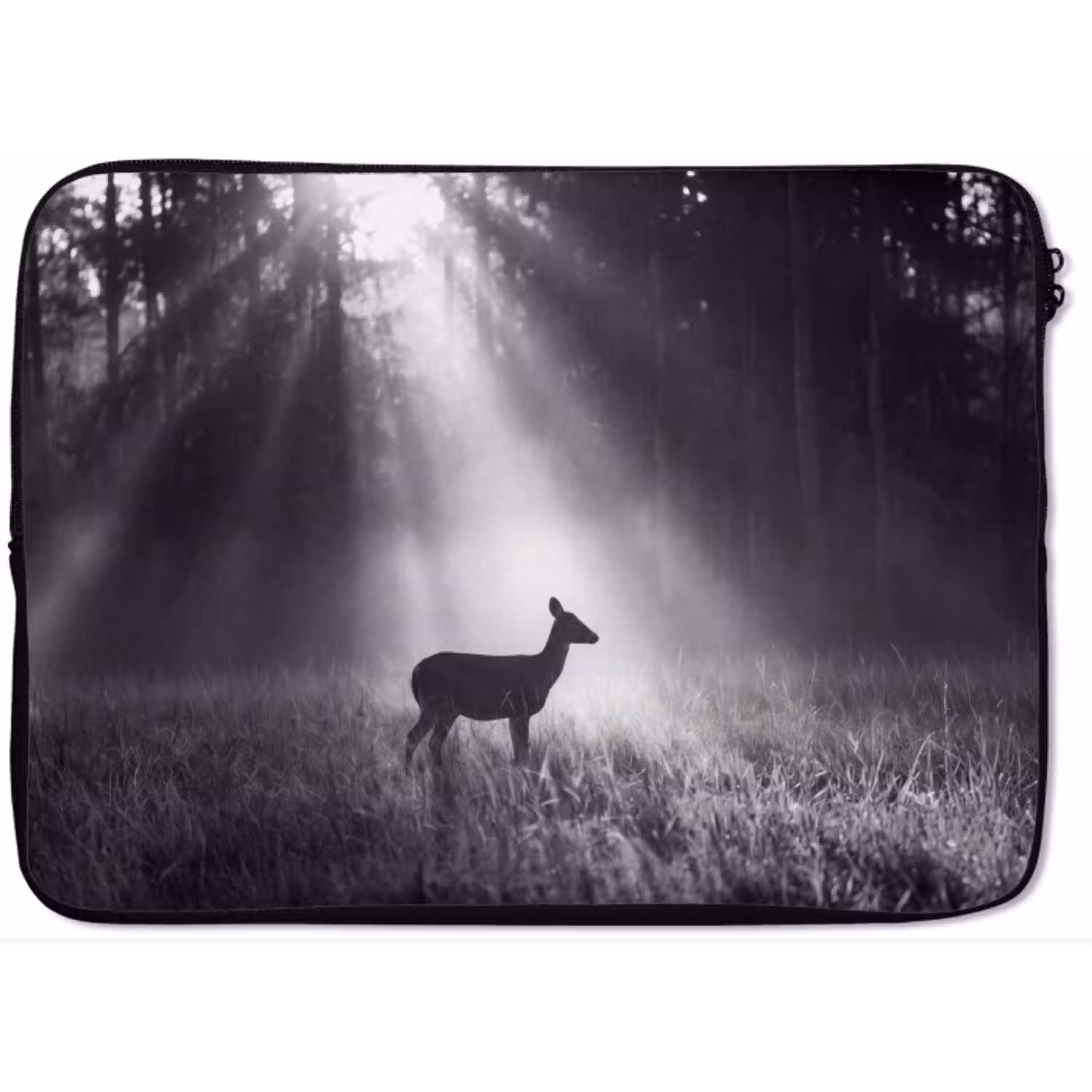 Hert - Bos - Zonnestralen - Zwart-wit - Natuur laptophoes neopreen klein -zkaufland3dotto