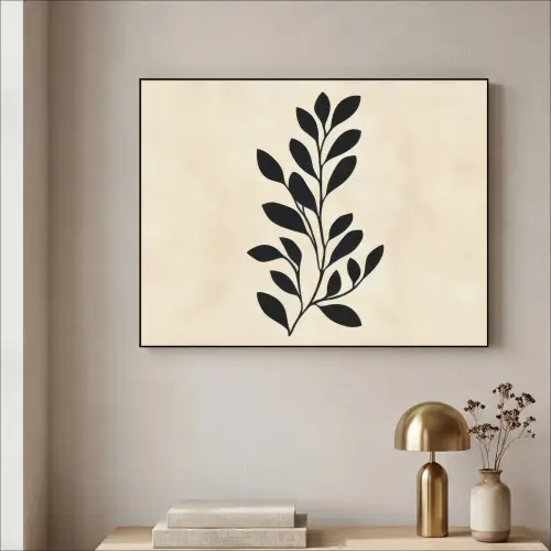 Minimalistisch - Tak - Bladeren - Zwart Textielframe zwart klein -sfeer2