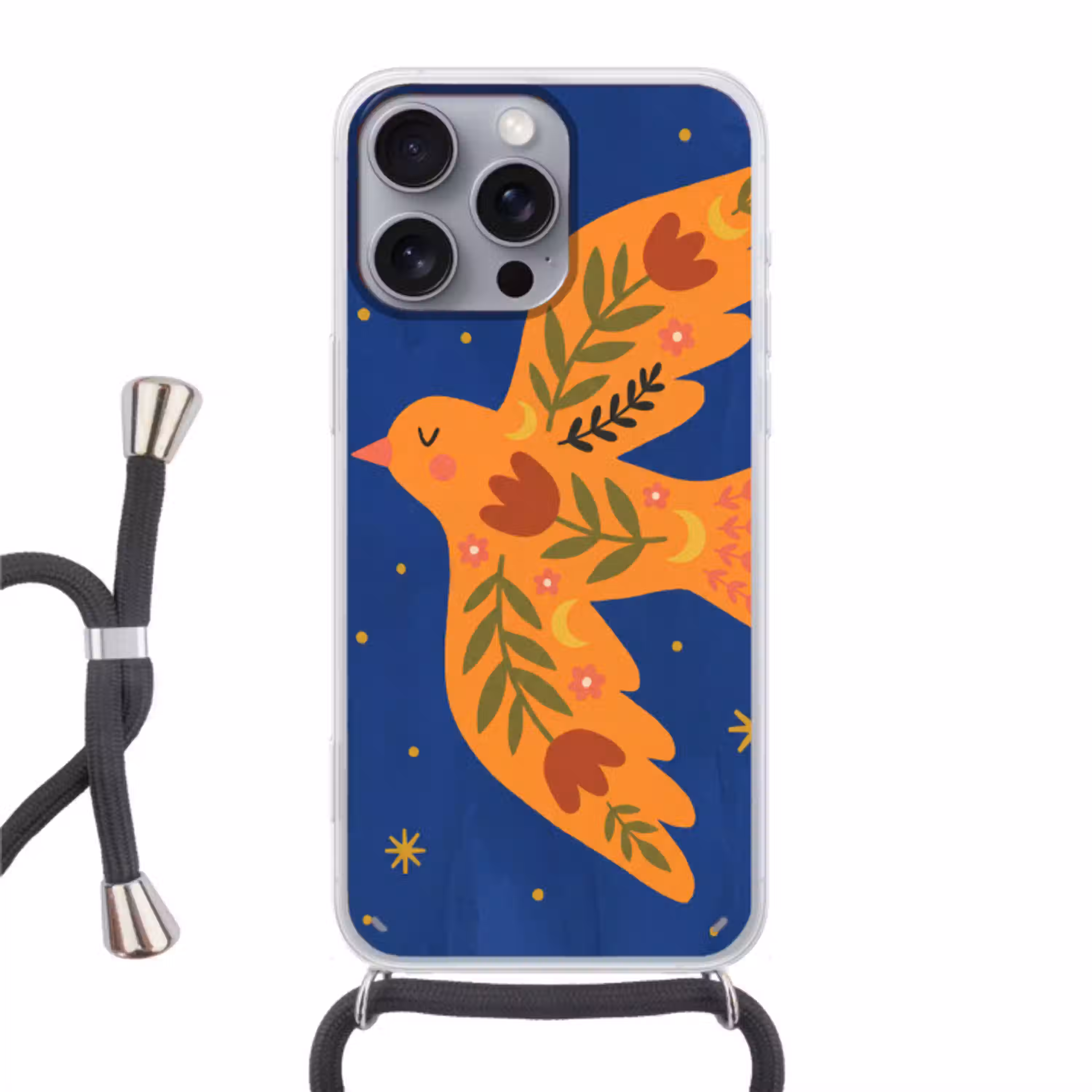 Vogel - Bloemen - Decoratief - Oranje - Blauw Hoesje iPhone 16 Pro Max met koord klein -3d