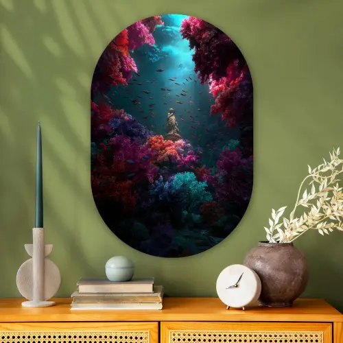 Standbeeld - Zeebodem - Koraal - Kleurrijk Wandcirkel Ovaal Glas middel -sfeer2