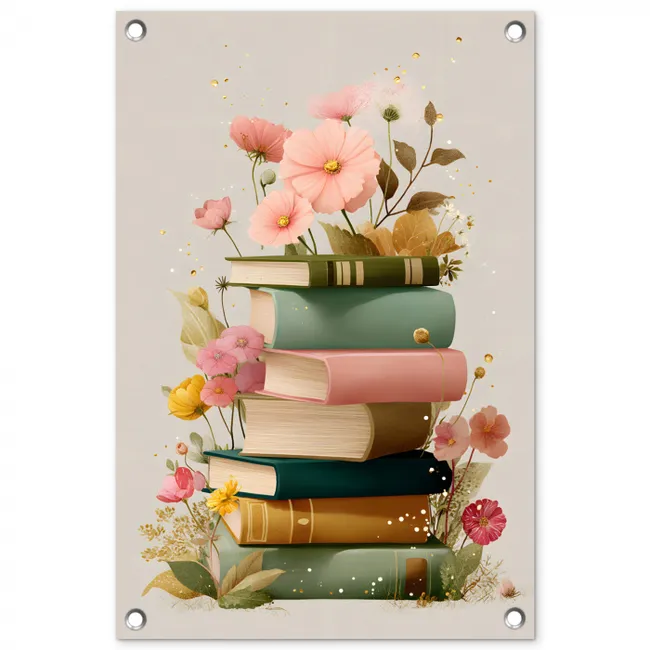 Boeken - Stapel - Bloemen - Kleurrijk tuinposter los doek klein -3d