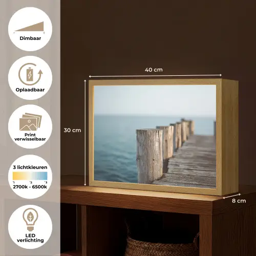 Houten steiger - Helderblauwe lucht Light Box met batterij (Wandlamp) middel -USP_websiteoverzichtNL