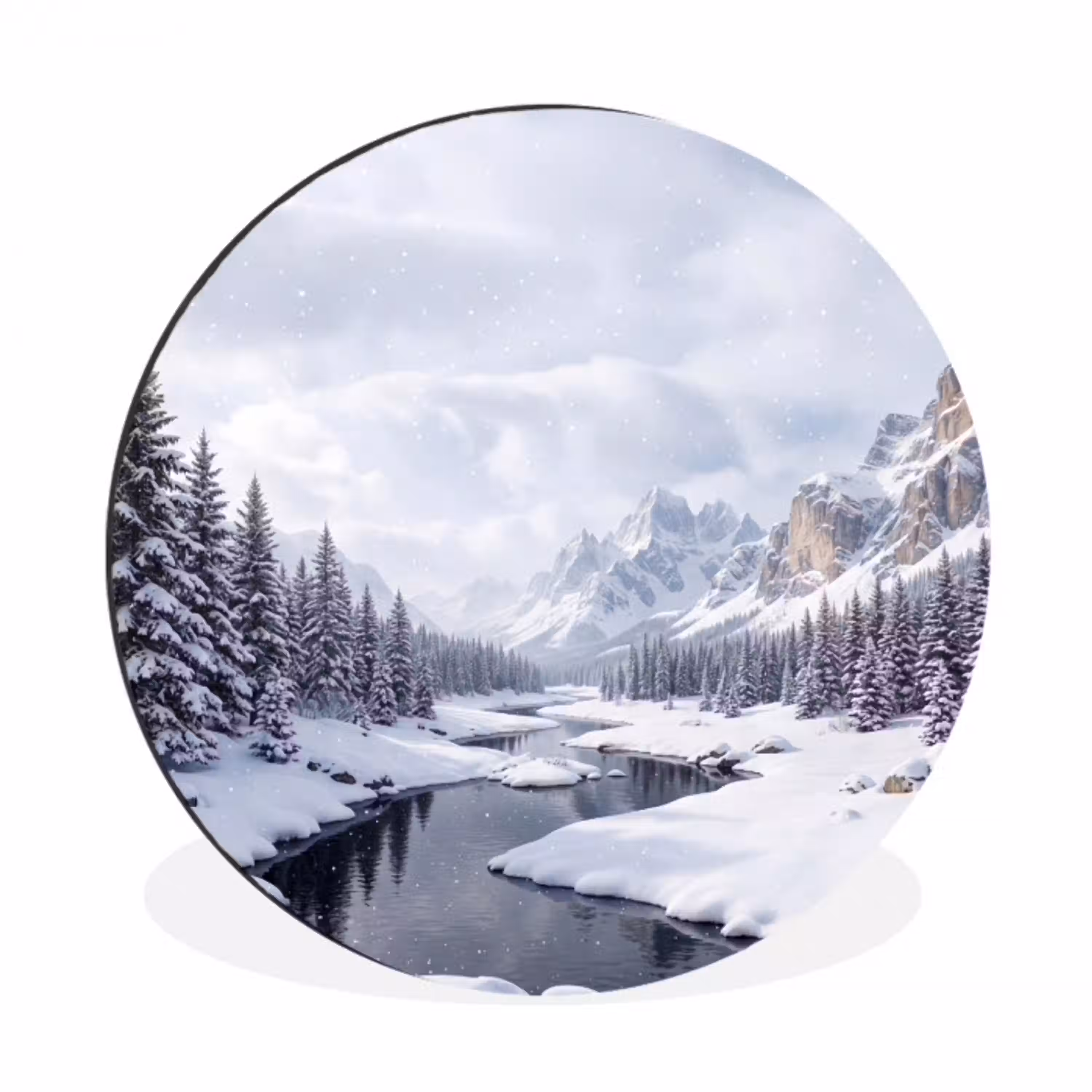 Sneeuwlandschap - Bergen - Rivier - Winter Wandcirkel aluminium klein -3d