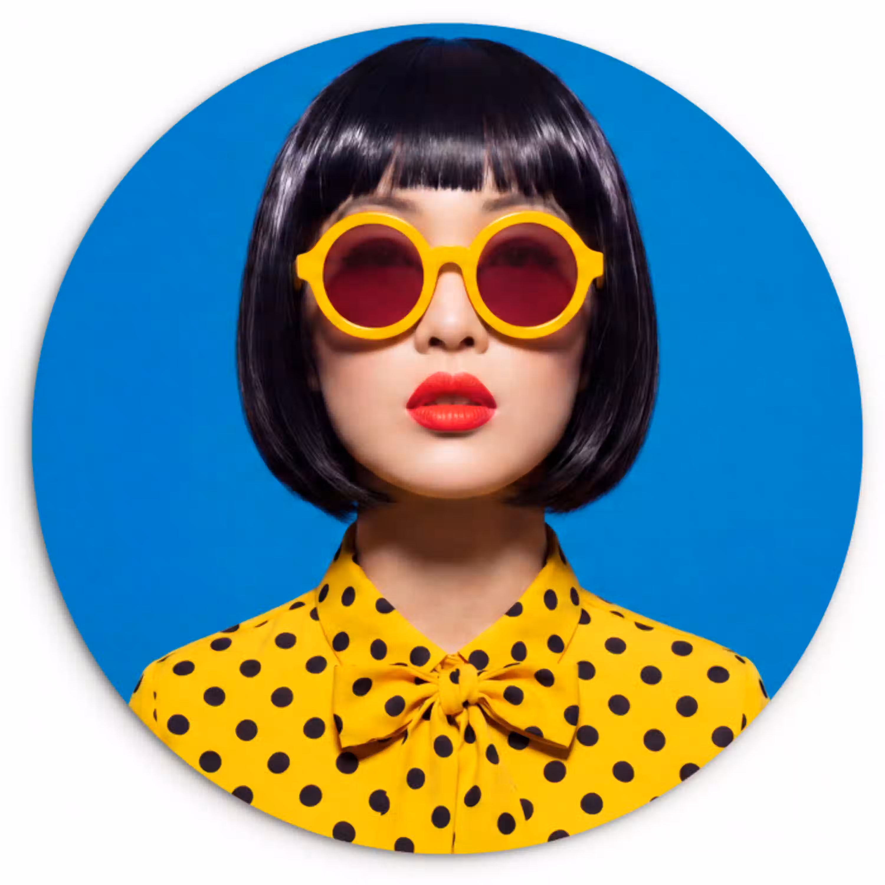 Vrouw - Zonnebril - Pop Art - Portret - Geel Wandcirkel kunststof plaat 5mm dik klein -3d