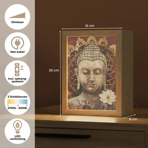 Boeddha - Mandala - Bloem - Rood - Goud - Zen Light Box met kabel (Tafellamp) klein -USP_NL