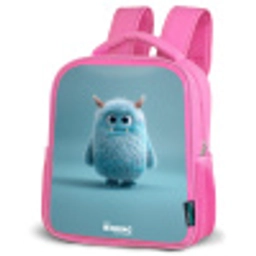Blauw pluizig monster met hoorns Kinderrugzak - Roze middel -schuin