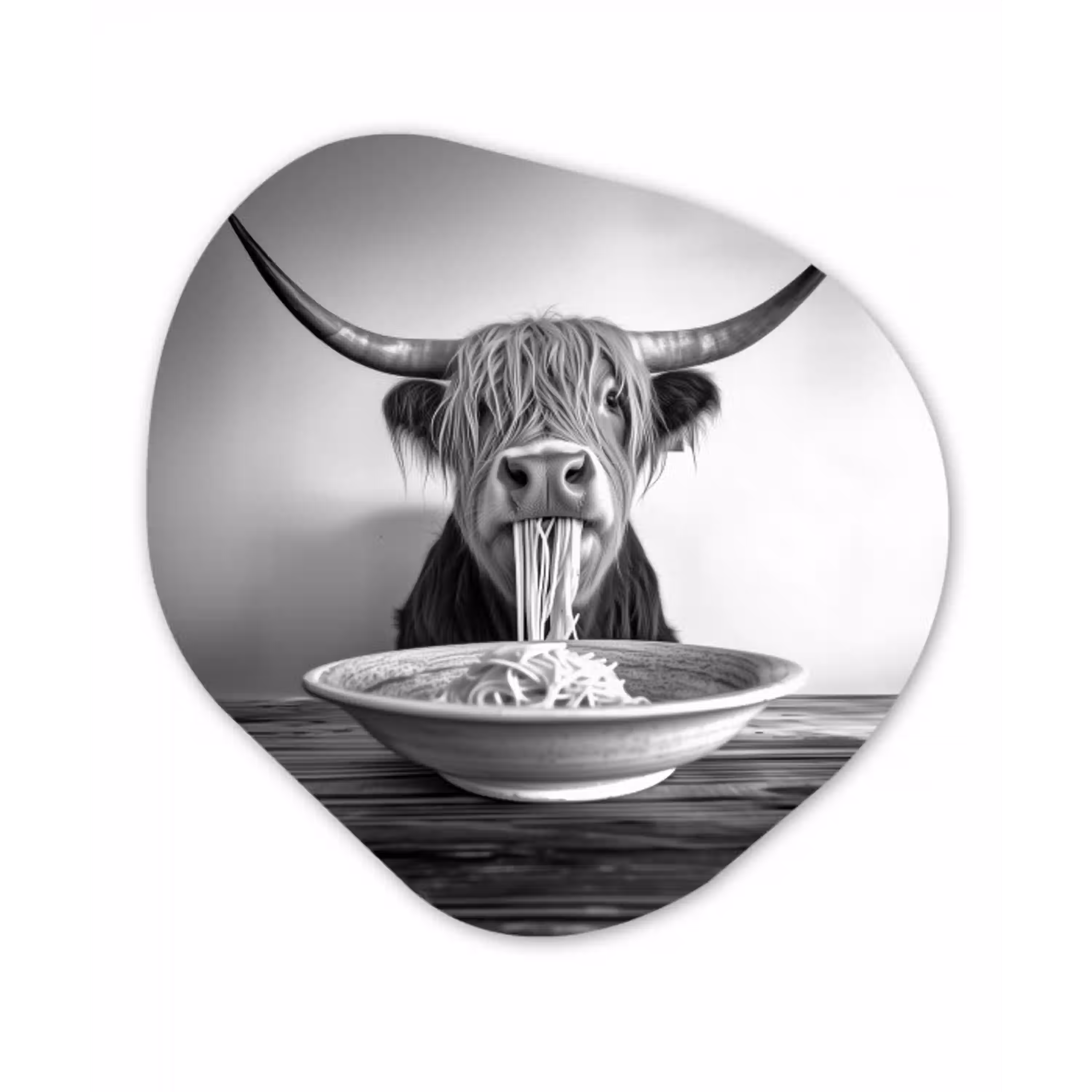 Schotse Hooglander - Spaghetti - Dieren - Zwart wit Wandcirkel Organisch Plexiglas middel -3d