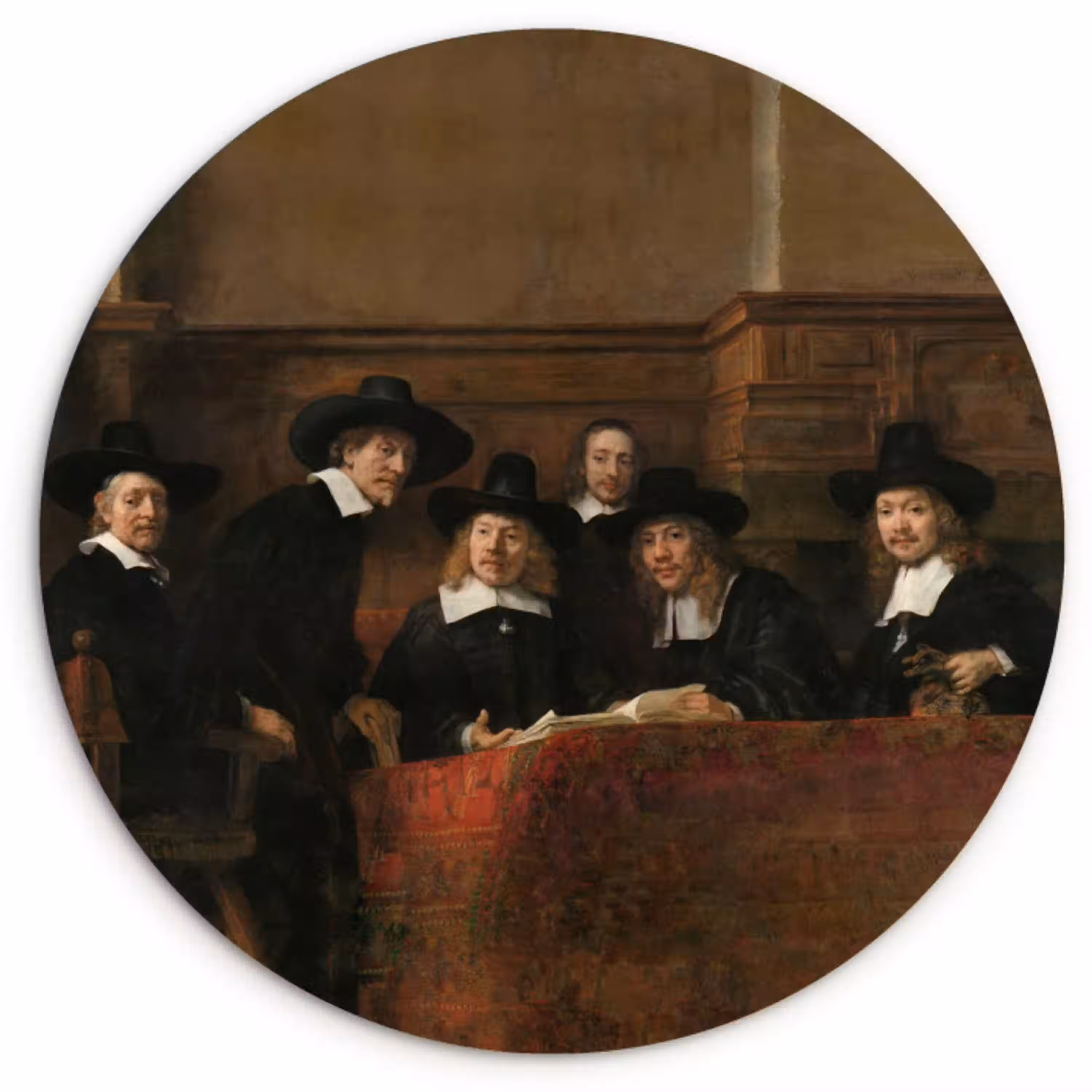 De staalmeesters - Schilderij van Rembrandt van Rijn Wandcirkel kunststof plaat 5mm dik klein -3d