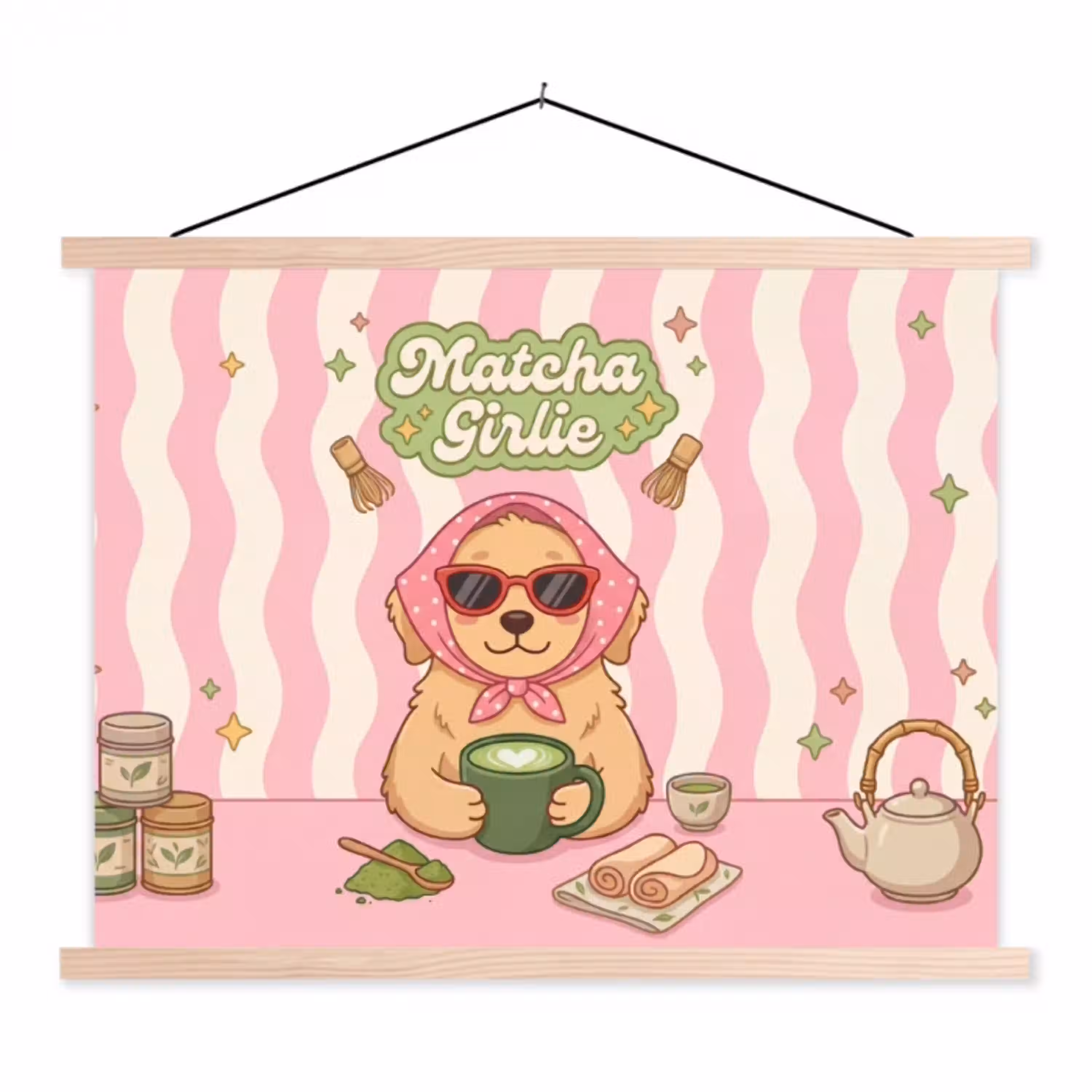 Matcha - Hond - Roze - Groen textielposter latten blank klein -3d