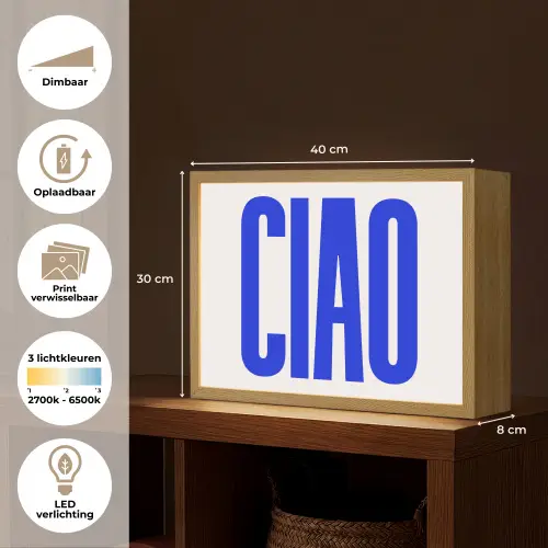 Ciao - Hoofdletters - Blauw - Minimalistisch Light Box met batterij (Wandlamp) middel -USP_websiteoverzichtNL