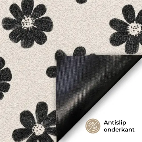 Grafisch - Madeliefjes - Zwart - Beige Deurmat klein 898 -antislip_NL
