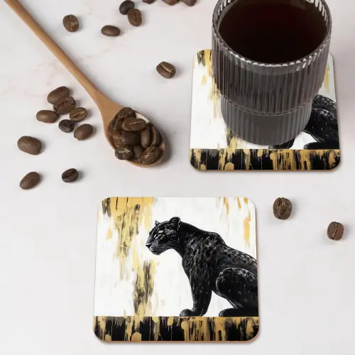 Panter - Zwart - Abstract - Goud onderzetter kurk middel -sfeer2