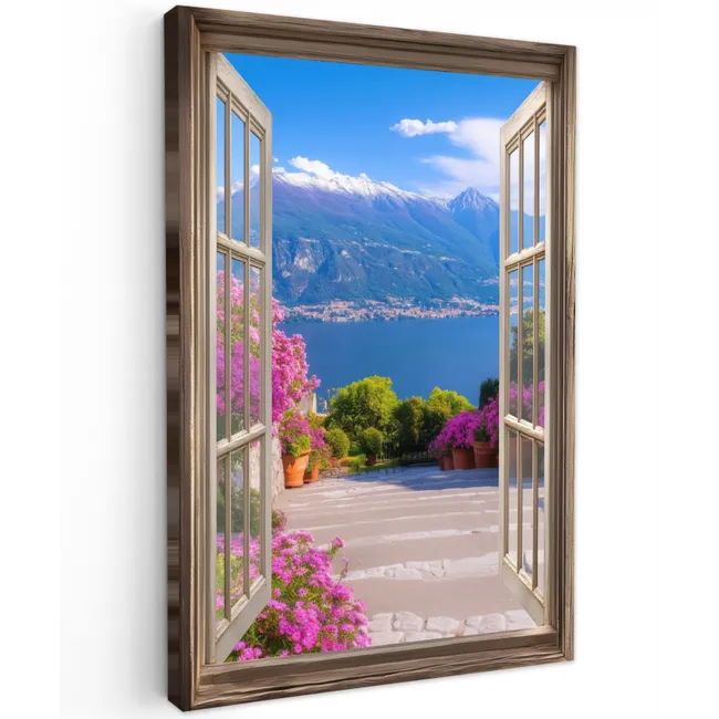 Doorkijk - Berg - Landschap - Uitzicht - Meer Tuinposter op houten frame 2 cm dik klein -3d
