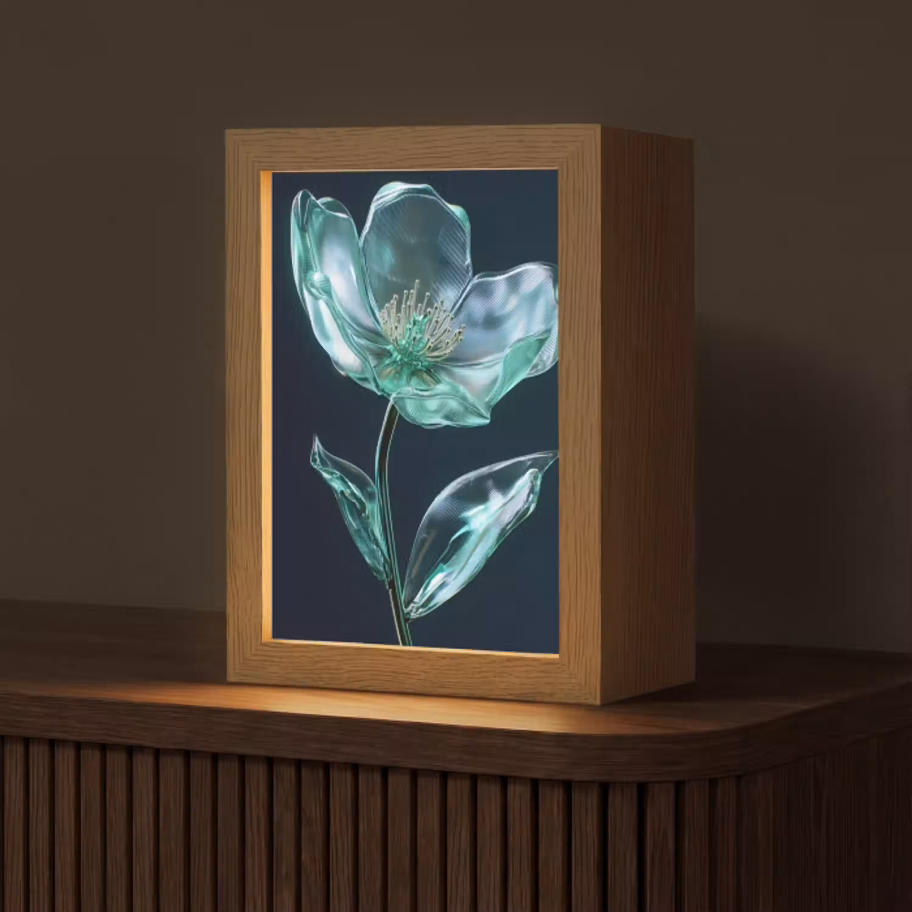 Bladeren - Bloem - Glazen - Donkerblauw Light Box met kabel (Tafellamp) klein -z3d_website