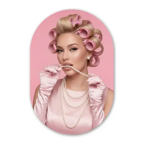 Vrouw - Roze - Parelketting - Krulspelden Wandcirkel Ovaal Forex klein -3d
