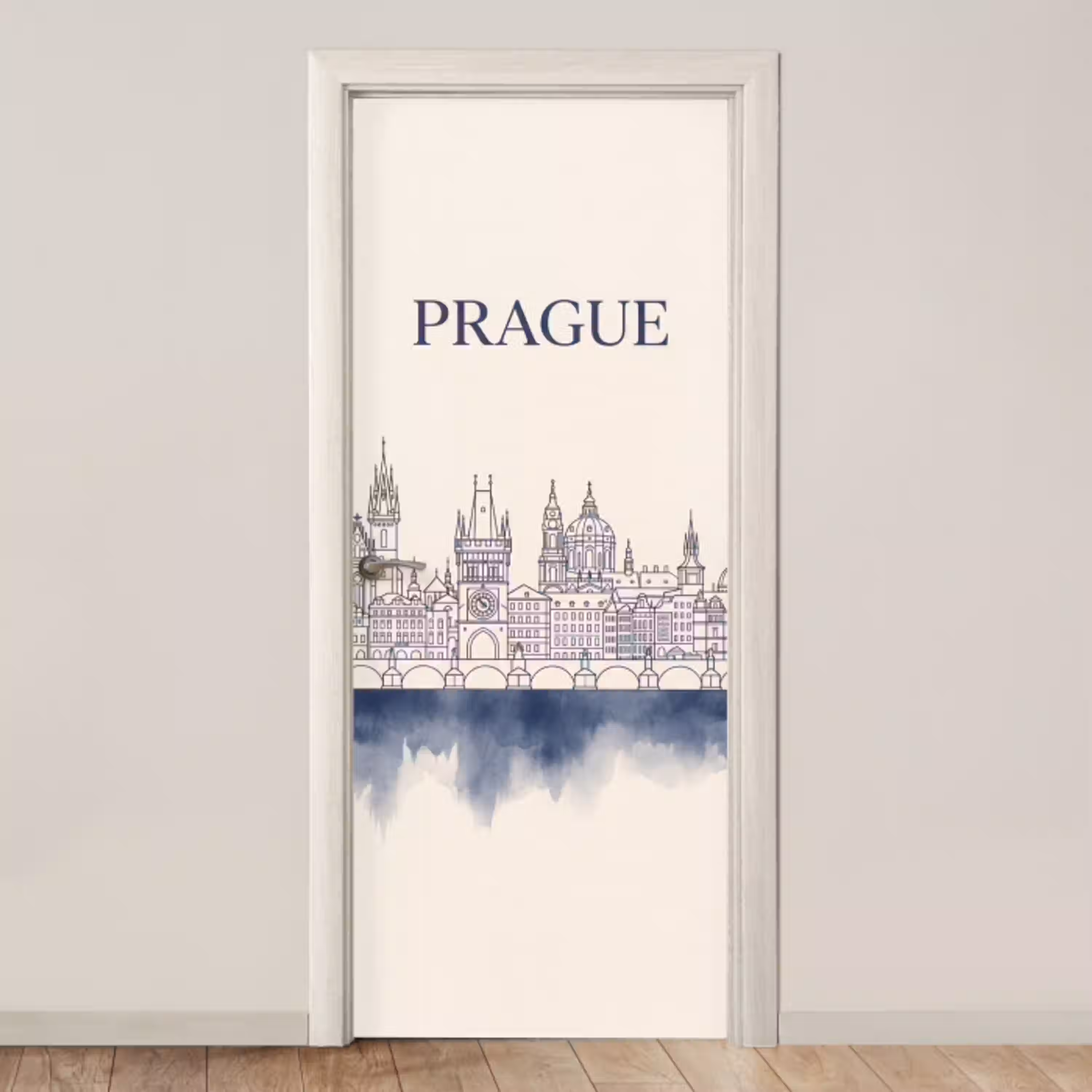 Praag - Skyline - Architectuur - Blauw deurposter klein -3d_beige