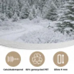 Weg - Bergen - Sneeuw - Naaldbos - Avontuurlijk Akoestische PET Vilt - Rond klein -closeup_NL
