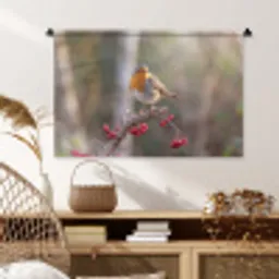 Roodborst - Tak - Bessen - Natuur Wandkleed katoen middel -sfeer5
