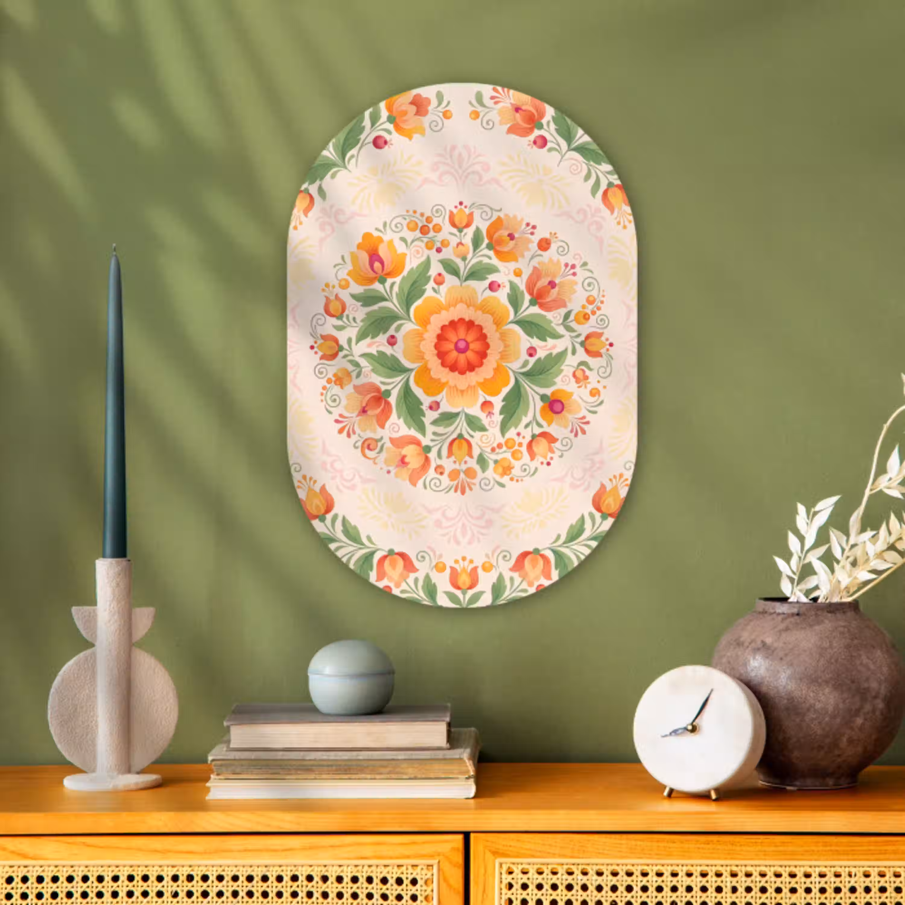 Bloemen - Patroon - Decoratief - Oranje Wandcirkel Ovaal Forex klein -sfeer2