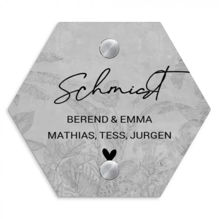Grijs botanisch patroon - Sierlijk Naambord Hexagon klein -3d