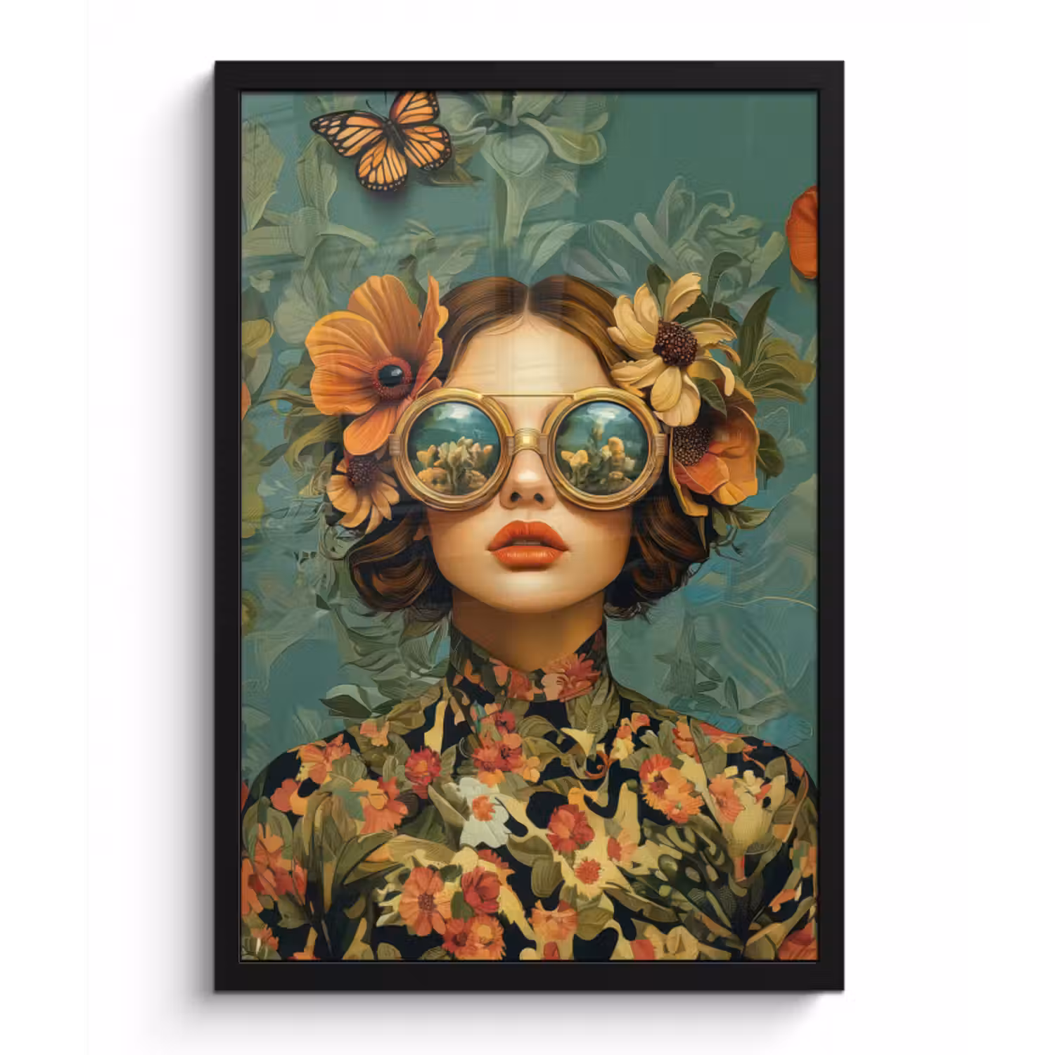 Bilder mit Rahmen - Frau - Blumen - Schmetterlinge - Natur - Vintage
