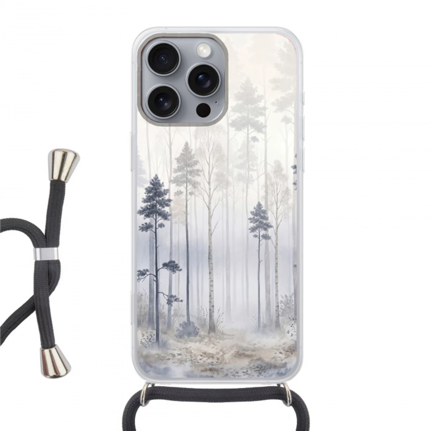Bos - Bomen - Mist - Natuur - Illustratie - Grijs Hoesje iPhone 16 Pro Max met koord klein -3d