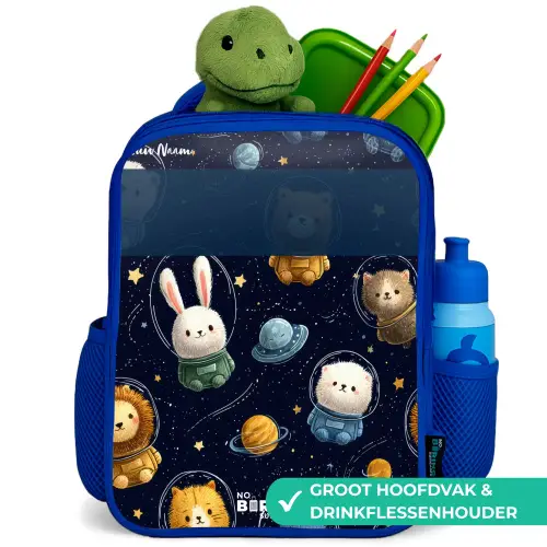 Dieren - Astronaut - Planeten - Sterren Kinderrugzak - Blauw middel -inhoud_NL