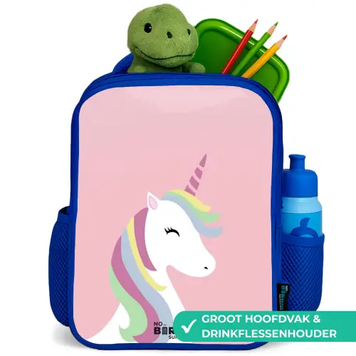 Cartoon unicorn met regenboogmanen Kinderrugzak - Blauw middel -inhoud_NL