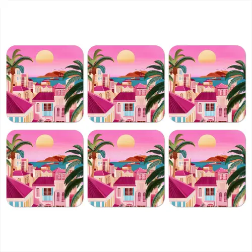 Stad - Roze - Palmbomen onderzetter kurk middel -3d