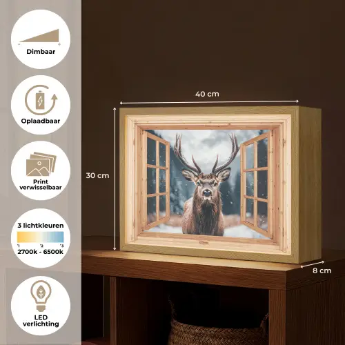 Doorkijk - Hert - Dieren - Winterlandschap - Sneeuw Light Box met batterij (Wandlamp) middel -USP_websiteoverzichtNL