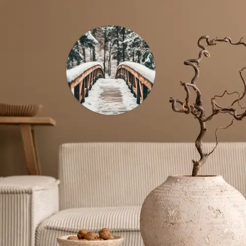 Brug - Winterlandschap - Bos - Natuur - Sneeuw Wandcirkel behangsticker klein -sfeer1