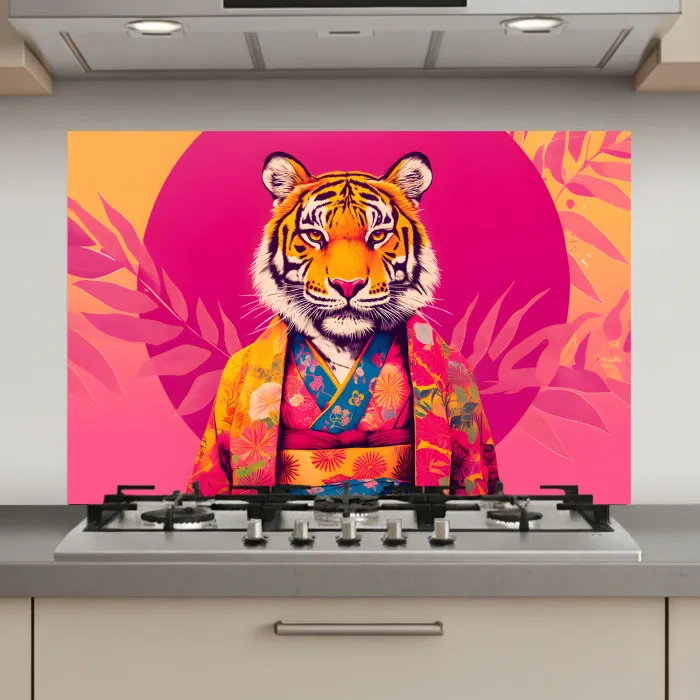 Tijger - Kimono - Planten - Roze keuken achterwand spatscherm klein -3d_website