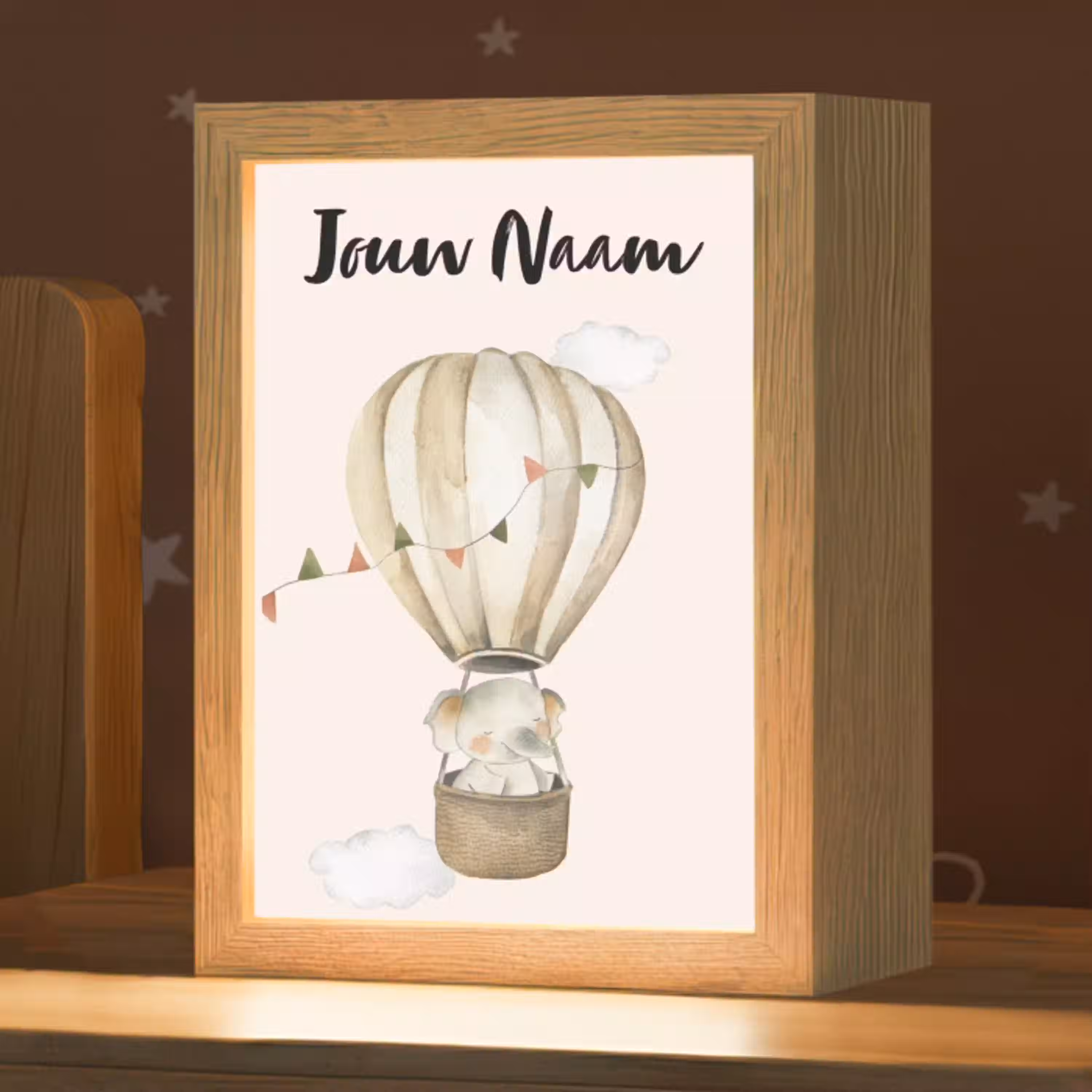 Luchtballon - Olifant - Watercolor - Beige - Dieren Light Box met kabel (Kinderlampje) klein -zzz_3d_website