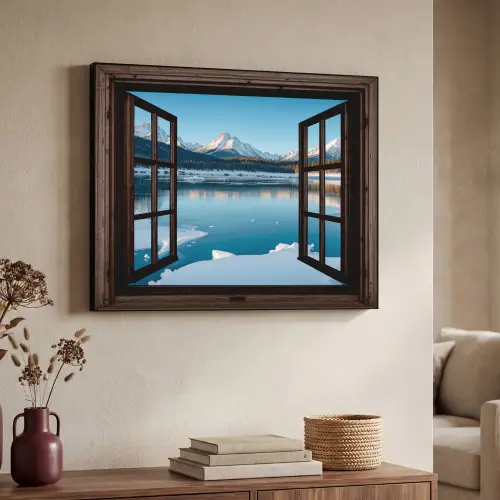 Doorkijk - Winterlandschap - Meer - Bergen - Uitzicht Textielframe zwart klein -sfeer3