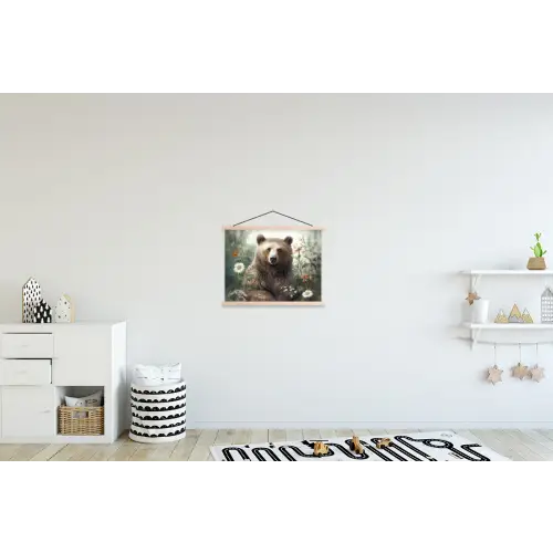 Bruine beer - Wilde dieren - Bloemen - Planten textielposter latten blank klein -kinderkamer