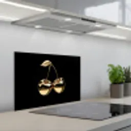 Kersen - Zwart - Goud - Chrome keuken achterwand spatscherm klein -3d_schuin