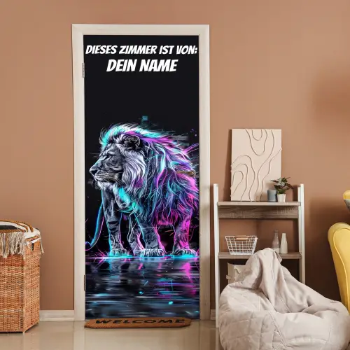 Neon-Löwe auf dunklem Hintergrund mit Namensfeld. deurposter klein -sfeer1