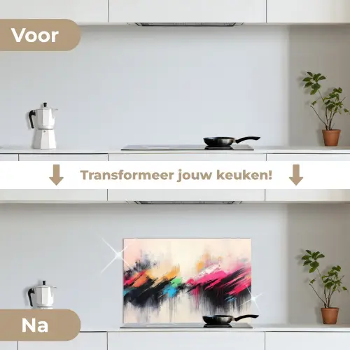 Dynamisch - Abstract - Kleurrijk - Zwart keuken achterwand spatscherm klein -voor_na_NL