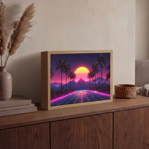 Horizon - Palmbomen - Bergen - Geel Light Box met batterij (Wandlamp) middel -sfeer2