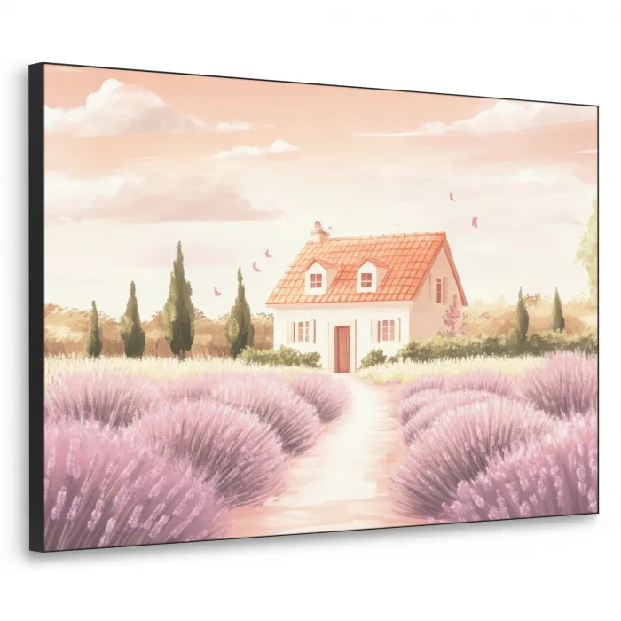 Lavendelveld - Huis - Paars Textielframe - compleet frame klein -3d
