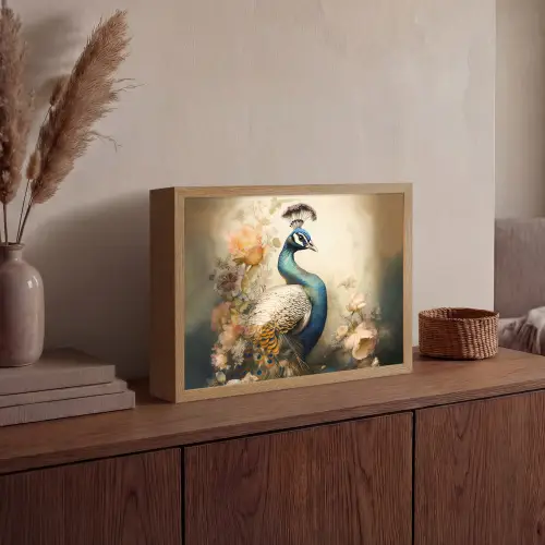 Pauw - Pauwenveren - Bloemen - Vogels - Botanisch Light Box met batterij (Wandlamp) middel -sfeer2