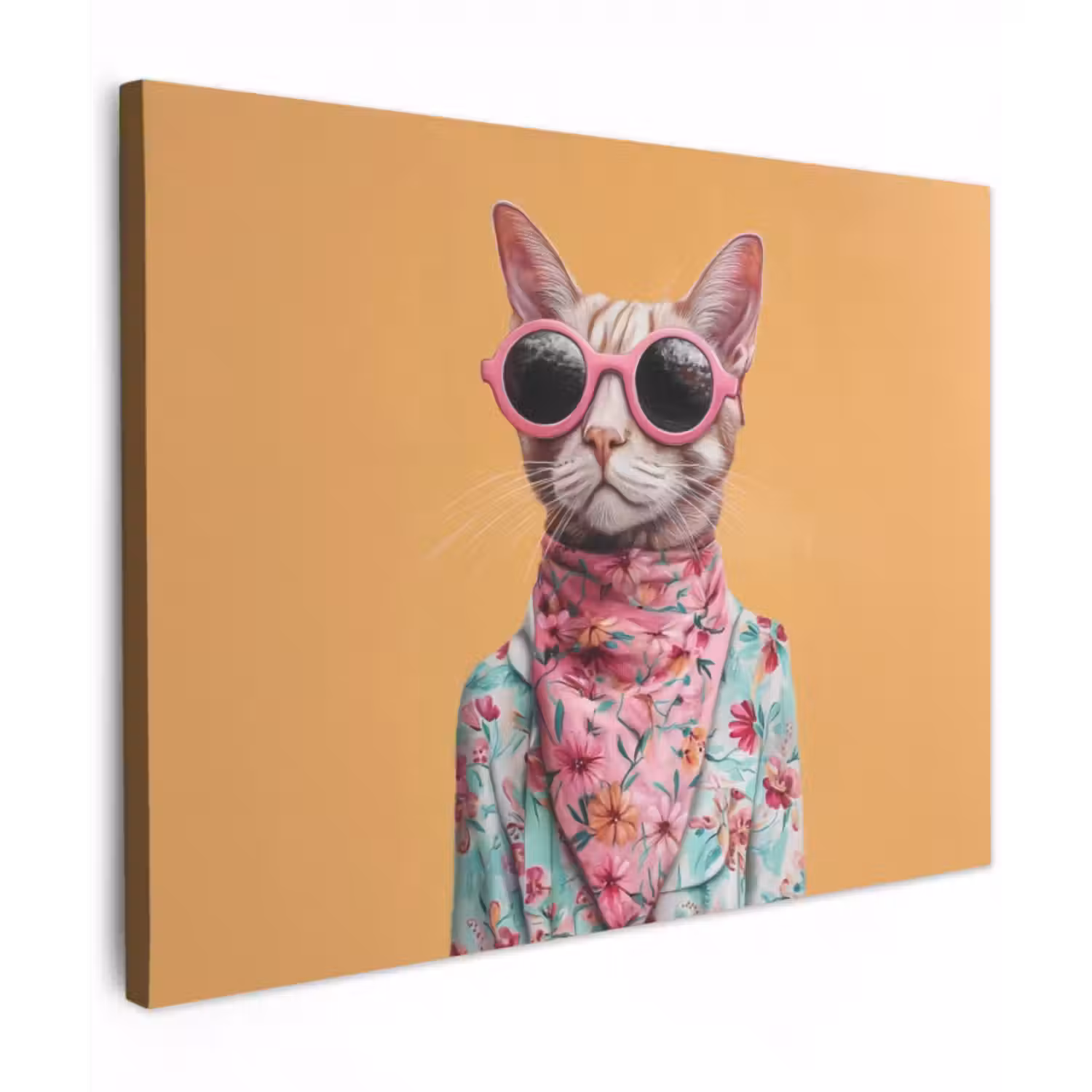 Leinwandbild - Sonnenbrille - Katze - Halstuch - Blumen