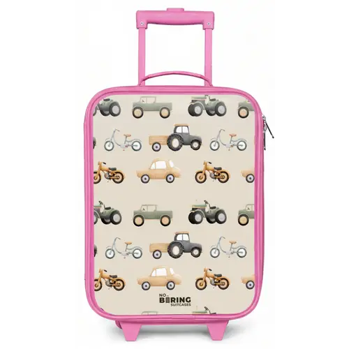 Retro voertuigen patroon Kinderkoffer - Roze klein -zz3dotto