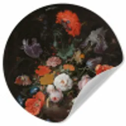 Stilleven met bloemen en een horloge - Schilderij van Abraham Mignon Wandcirkel behangsticker klein -3d